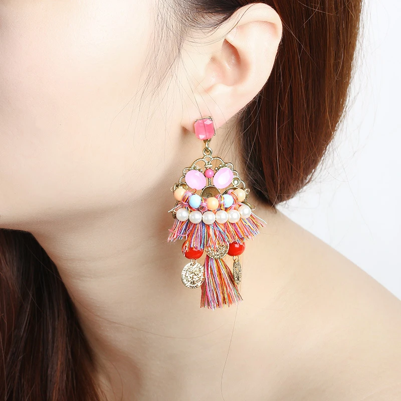 

Women's Long Earrings Hanging Drops Tassels Earring Ethnic Statement Dangle Earring Colorful Jewelry for Wedding Girl Gift