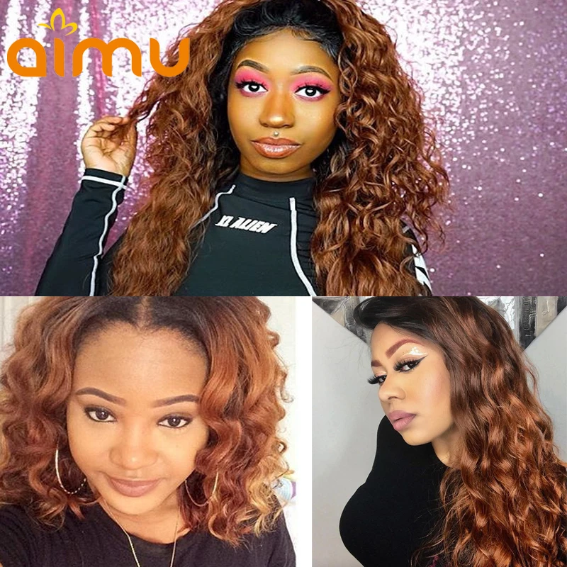 Ombre Color 1B/30 Ginger Caramel 360 Lace Frontal Deep Curly Real Long Human Hair Wig Remy Indian Invisible PrePlucked Aimu