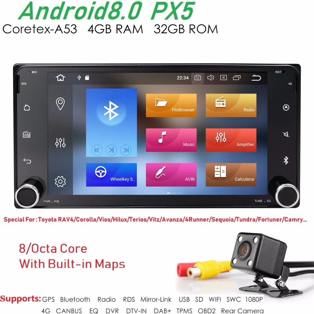 

Hizpo PX5 Android8.0 8Core 4+32 Fit Toyota RAV4/Corolla/Vios/Hilux/Terios/Vitz/Avanza/4Runner/Sequoia/Tundra/Fortuner/Camry DAB+