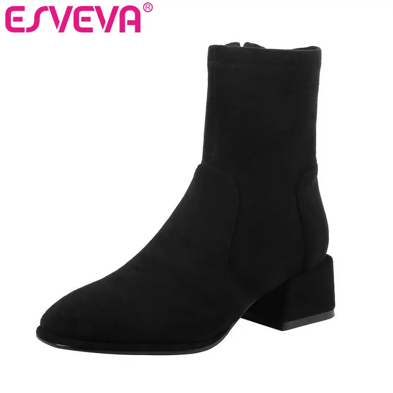 

ESVEVA 2020 Women Shoes Winter Ankle Boots Western Style Square Med Heel Flock Fashion Motorcycle Platform Boots Size 34-39