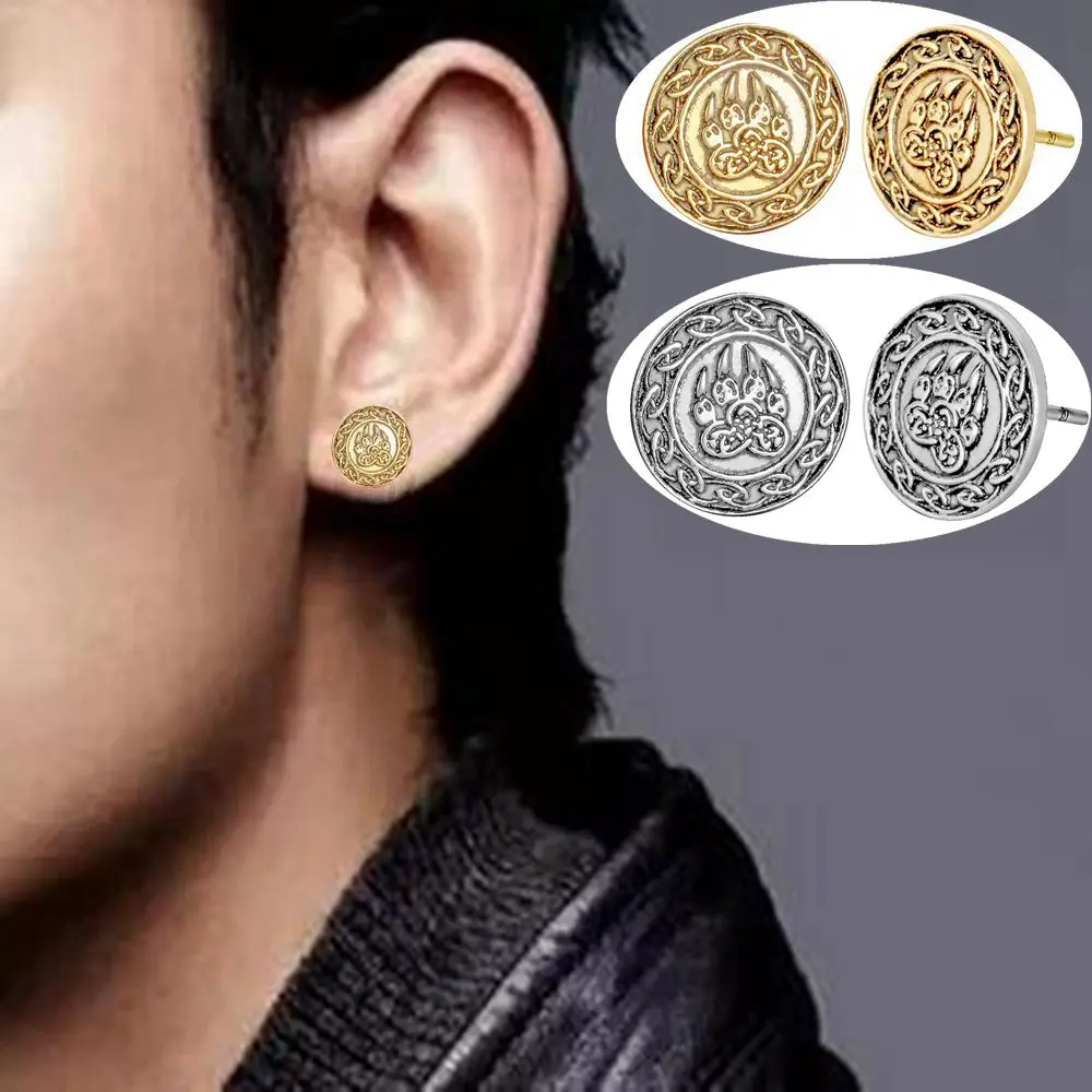 

QIAMNI Punk Slavic Runes Amulet Nordic Viking Stud Earring Men Jewelry Charm Round Bear Dog Paw Earring Pendientes Dropshipping