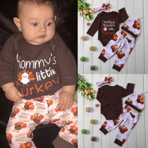 3Pcs Thanksgiving Newborn Baby Boy Girl Outfit Clothes Romper Pants Hat