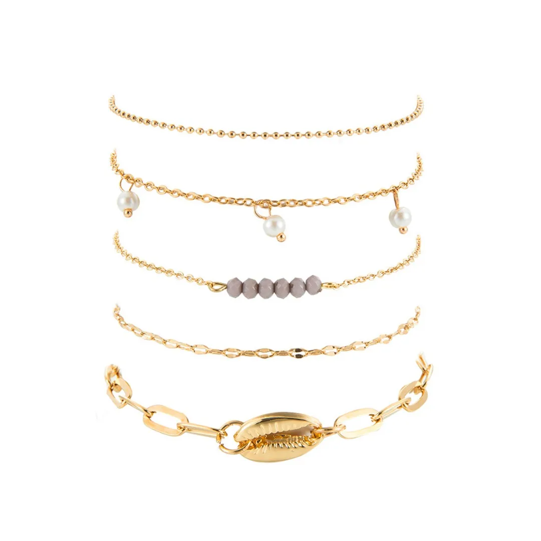 

Fashion Boho Mini Beads Chains Metal Shell Pearl Pendant Bracelet Set For Women Shellhard Statement Jewelry pulseira feminina