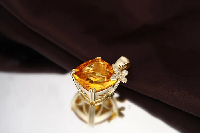 Caimao Jewelry 19.80ct Natural Citrine 14K Yellow Gold Pave Set Diamond Pendant