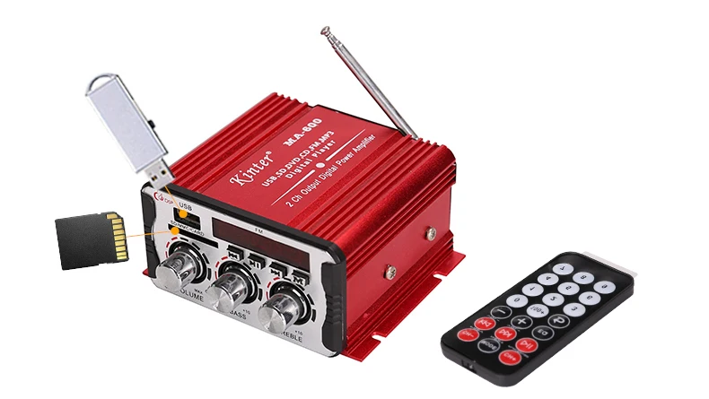 kinter MA-600 mini amplifier audio 2.0 channel 25W with usb sd MP3 FM led digital display remote control connect speaker play stereo sound adjust bass treble DC 12V power input red aluminum enclosure (7)