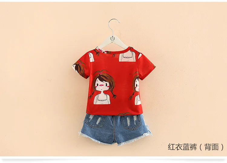Комплект одежды для девочек, с круглым вырезом, без рукавов, лето, для детей 2-10 лет, Красная футболка с рисунком+ джинсовые шорты, комплект из 2 предметов