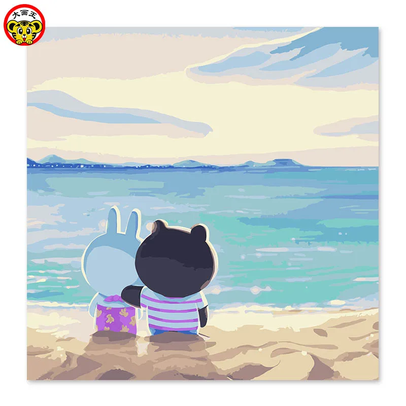 

painting by numbers art paint by number Pooh Cubs, rabbits, look at the sea, watching the sunset, watching the evening DIY