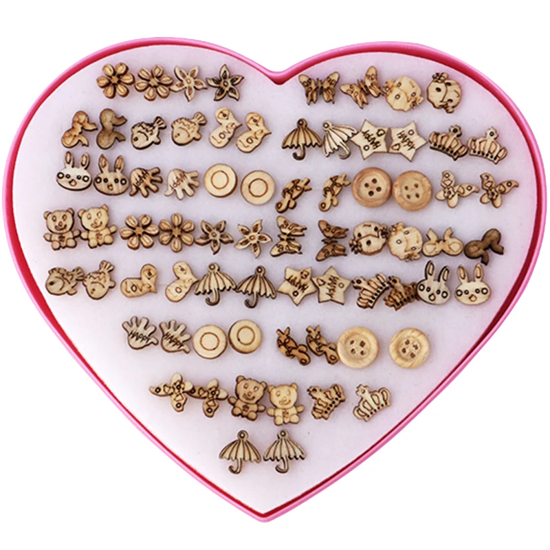 

YANG&RH 36 Pairs/Set Random Cute Wooden Stud Earrings Set For Women Elegant Creative Crown Heart Floral Butterfly Star Earrings