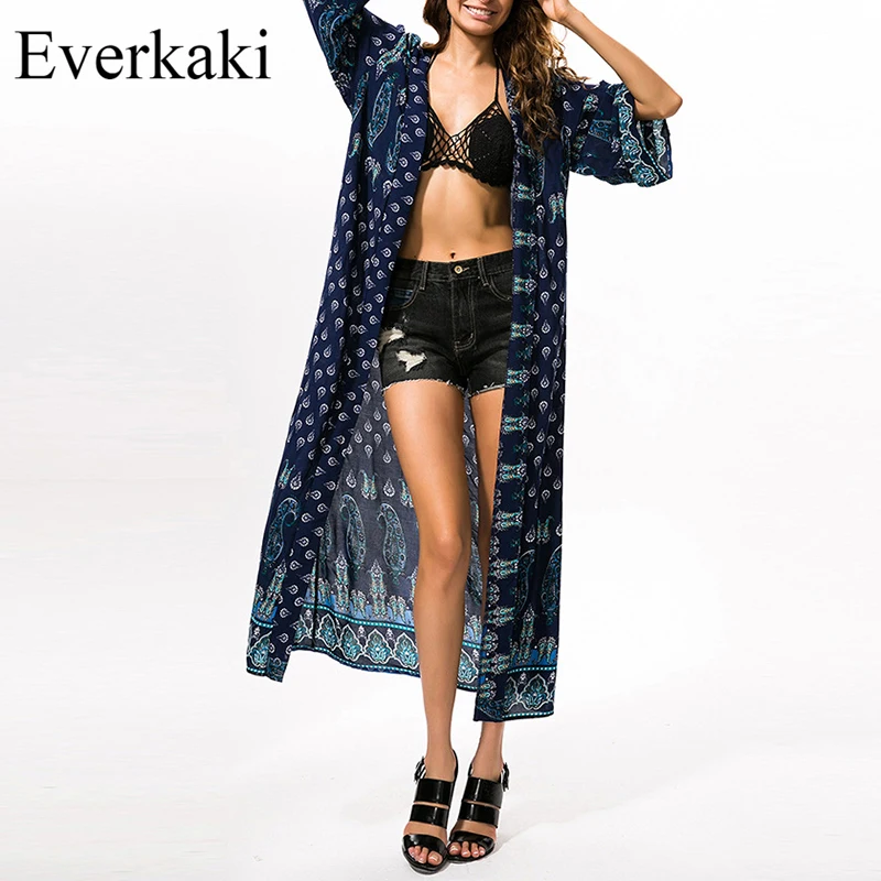 Everkaki Бренд Долго Печати Парео Пляж Туника Саронги Бикини Cover Up Платье Купальники