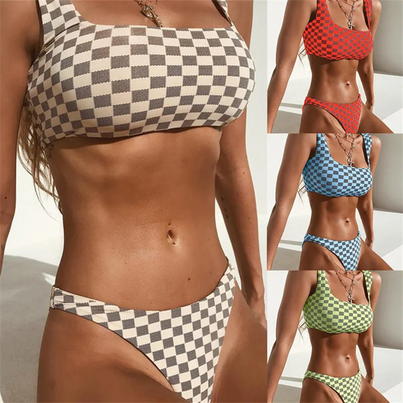 

2019 Plaid Bikini push up Swimwear Women Sexy Bandage Swimsuit Biquini Traje de bano mujer Bikinis Maillot de bain Monokini