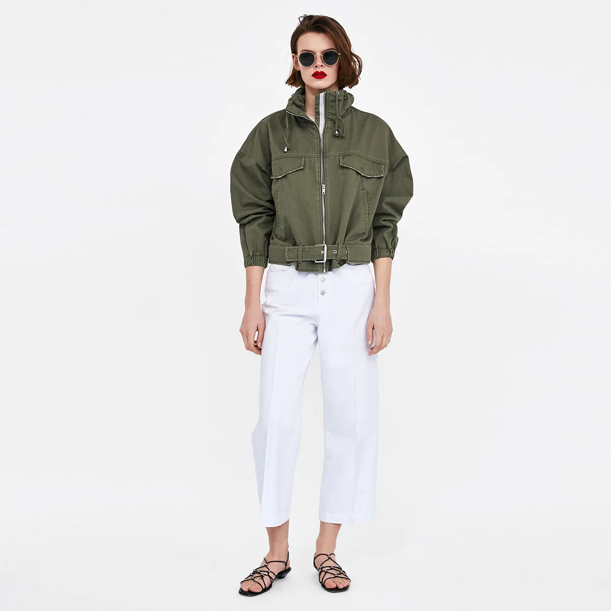 

Casual Simple Folding Boyfriend Wind Army Green Tooling Flying Jacket Jacket 2019 Mandarin Collar Coats and Jackets Women 2019