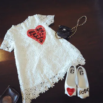 

New Summer Kids Girls Love Red Heart Embroidery Lace Dress Kids Clothing Flowers Hollow White