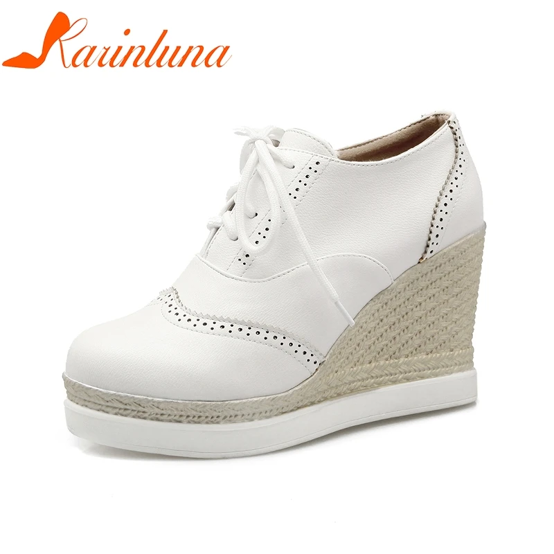 

KARINLUNA 2018 Big Size 33-43 Platform Wedges High Heels Spring Brogue Shoes Women Leisure Comfortable Woman Shoes Pumps