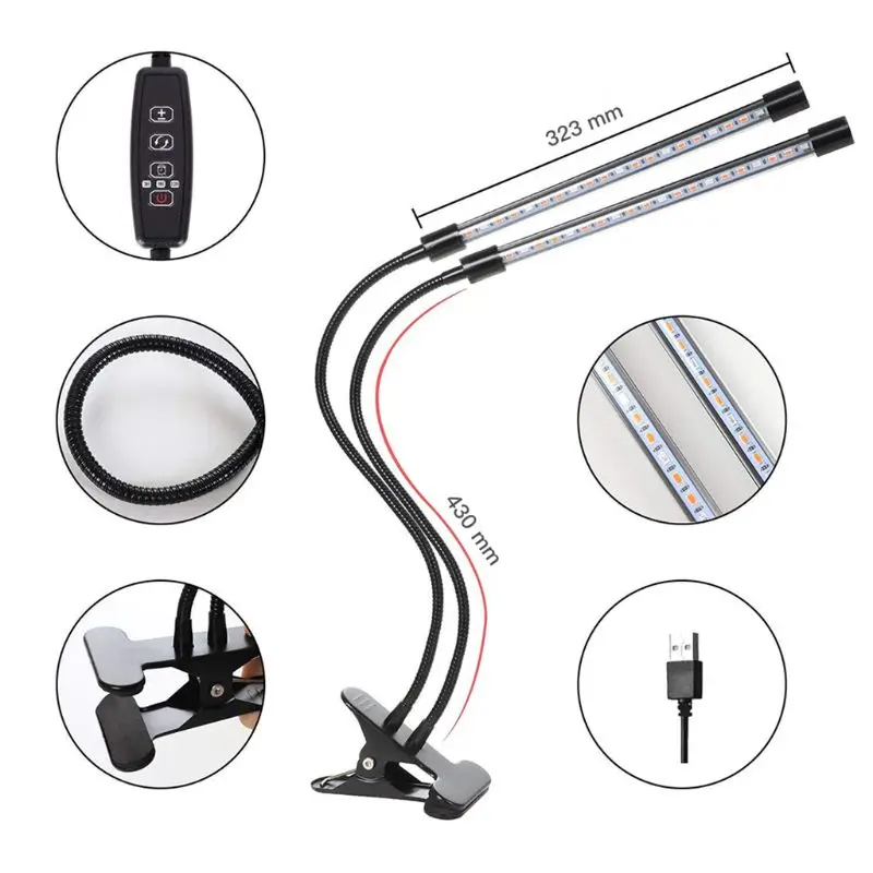 5V USB Adjustable Dual Head Plant Grow Light LED Lamp with Timing Function for Indoor Flower Plants Germination Growing