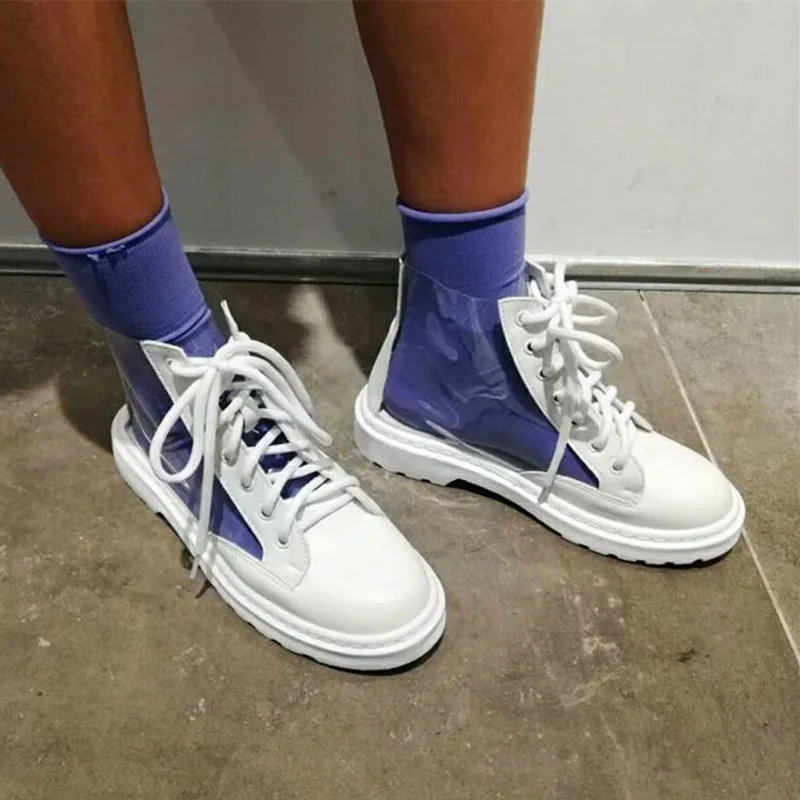 

Casidueho Lace Up Women Short Boots Transparent Leather Flats Dress Shoes Woman Colorful Motorcycle Ankle Booties New Sandals