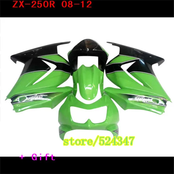 

Injection de la motocicleta kit For Kawasaki Ninja 250R 2008 2010 2012 EX250 08-12 ZX250R verde negro moldeo por carenado set