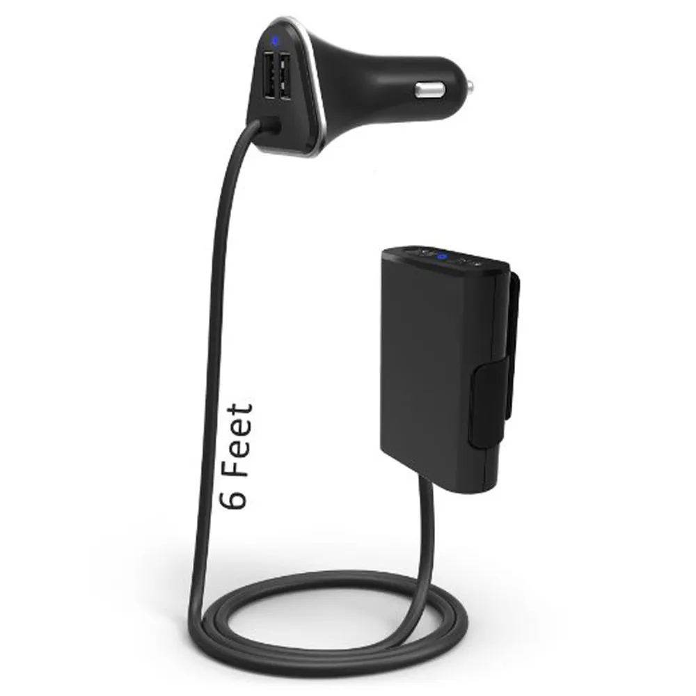 4 Ports Car Charger Adapter with Extension Cable and Hub for Front Back