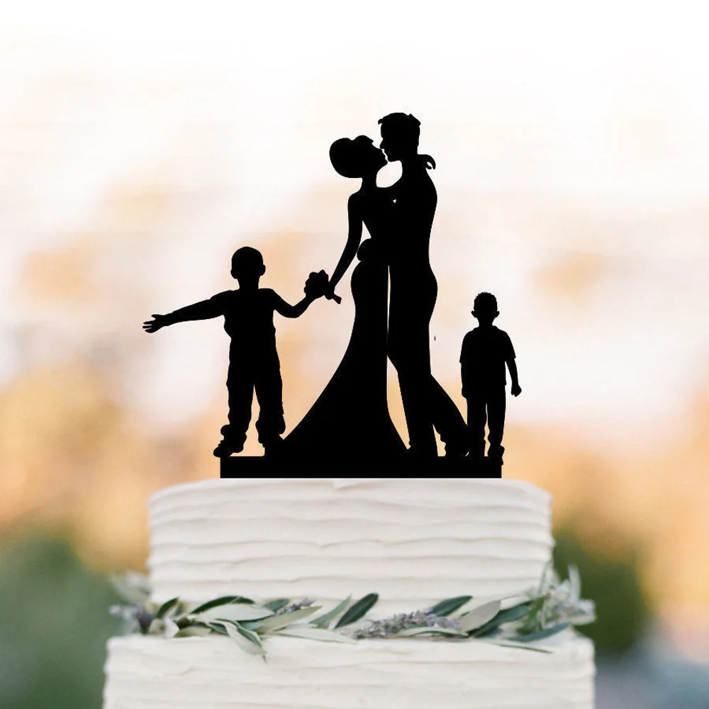 Family Wedding Cake topper, Couple with two boys silhouette Cake topper , Bride and Groom unique and funny wedding cake decor
