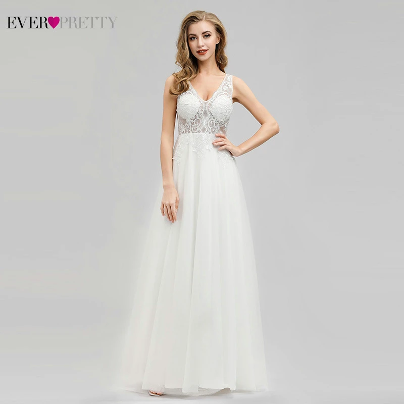 

Robe De Mariee Ever Pretty White Wedding Dresses Deep V-Neck A-Line Sleeveless Zipper Sexy Boho Wedding Gowns Robe Mariage 2019