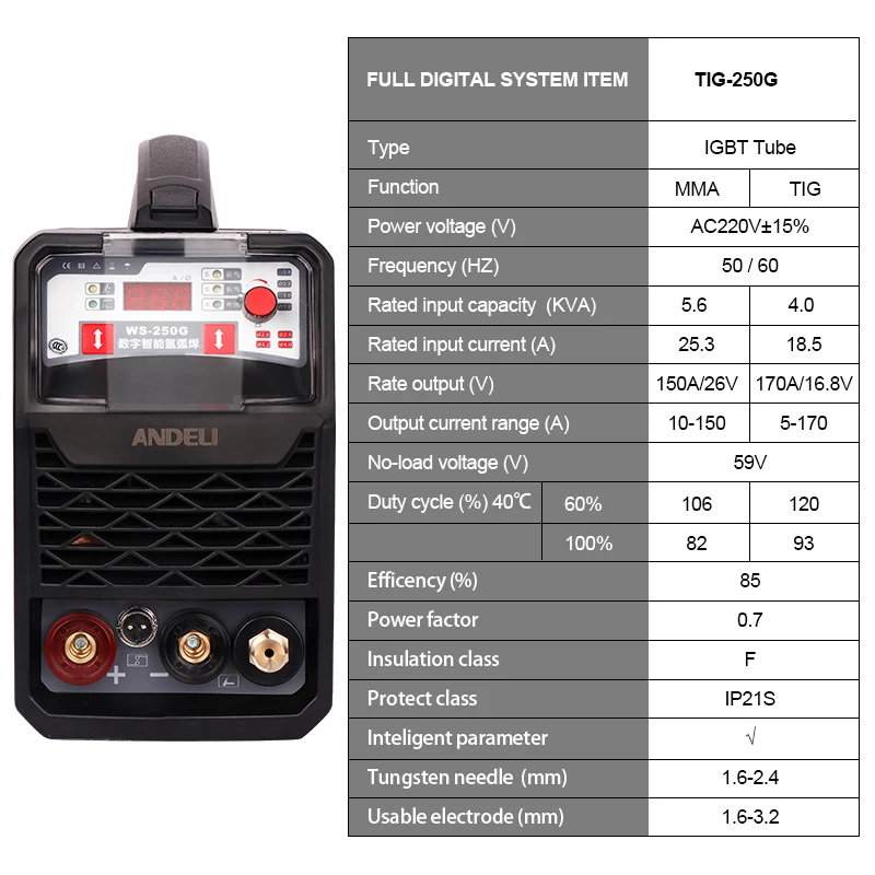 Andeli Smart Draagbare Enkele Fase Igbt инвертор Tig-250g Tig Lasapparaat Tig/mma Argonbooglassen сварочный аппарат 2 в 1 Lassen