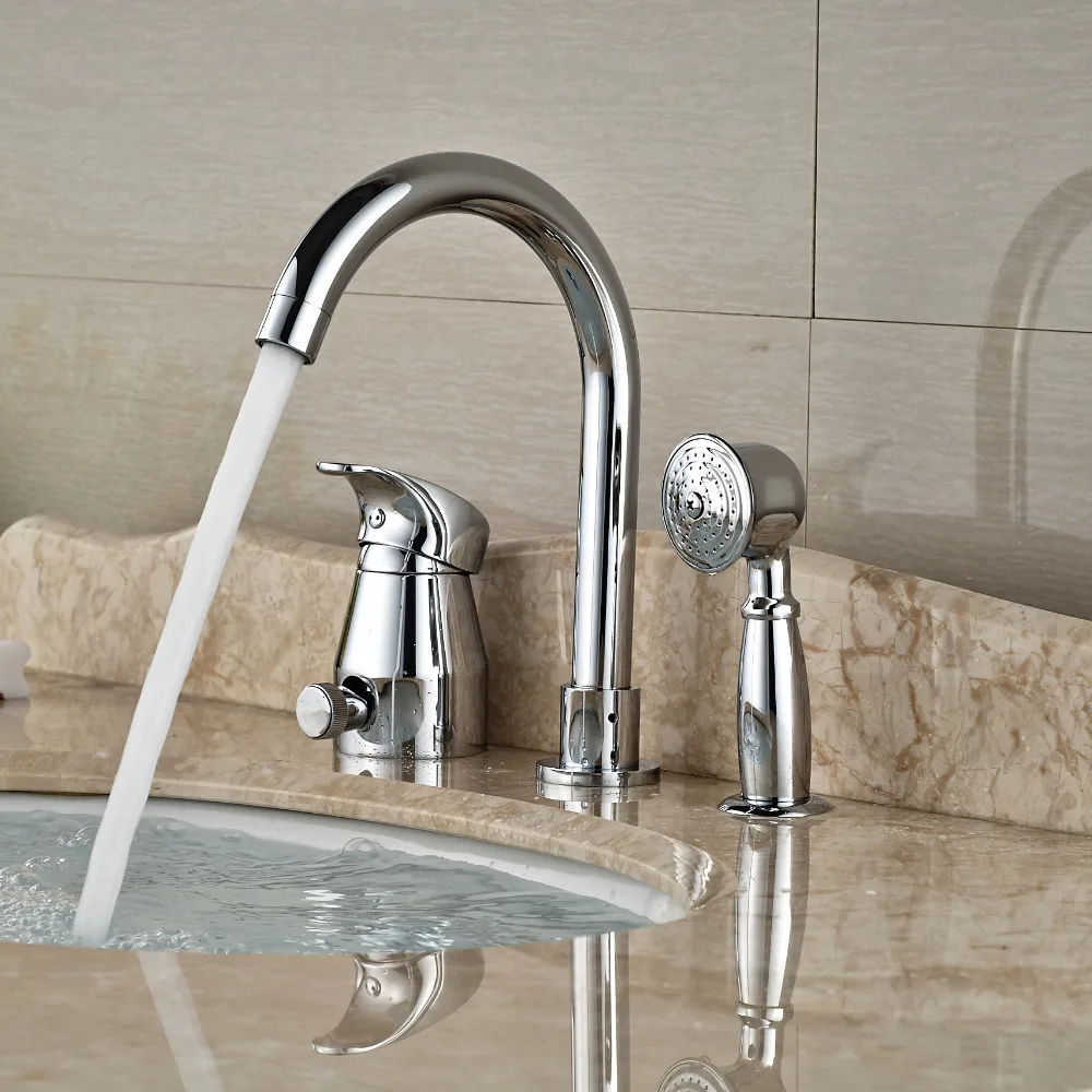 Deck Mount Goose Neck Bathtub Faucet Deck Mount Bathroom Tub Mixer Taps with Brass Handshower