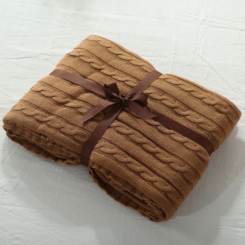 

Coffee 100% cotton Nature life Soft Throw Blanket Warm Sofa Solid Color Fleece For Bed Warm blankets for beds Knit easy to carry