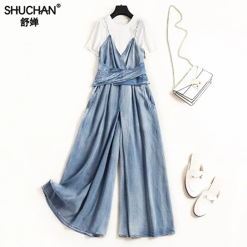 Shuchan Fashion 2019 2 Piece Set Women Cotton White T-shirt+denim Rompers Conjunto Feminino Womens Sets High Quality 50527 Shuchan Fashion 2019 2 Piece Set Women Cotton White T-shirt+denim Rompers Conjunto Feminino Womens Sets High Quality 50527