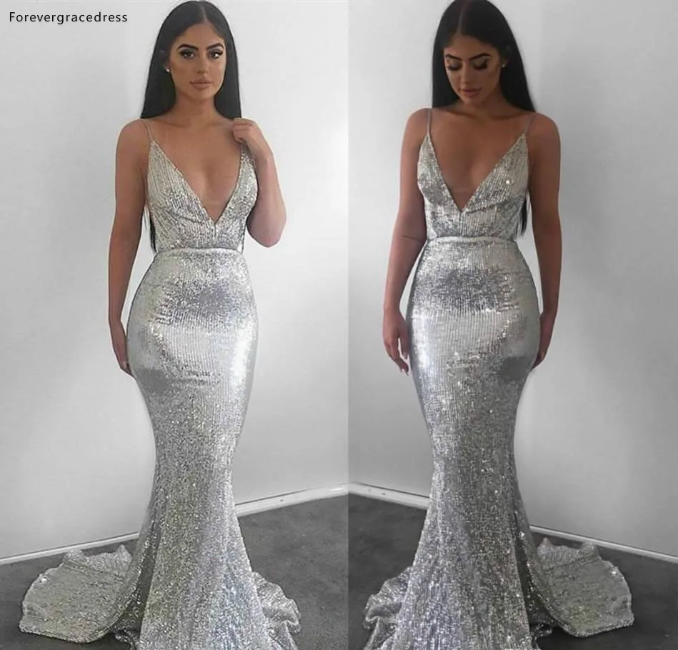 

2019 New Arrival Cheap Mermaid Long Evening Dress Dubai Silver Sequins Holiday Women Wear Formal Party Prom Gown Custom Made