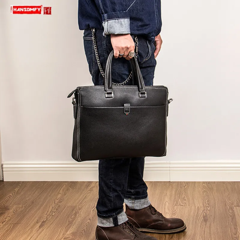 

New Genuine Leather Men's handbag business laptop briefcase male shoulder crossbody bag computer bag black leather travel bags