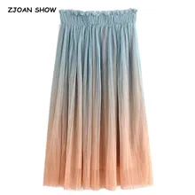 Новая Винтажная миди плиссированная юбка с градиентным цветным принтом и завязками в стиле ретро с эластичной резинкой на талии, юбки до середины икры с подкладкой