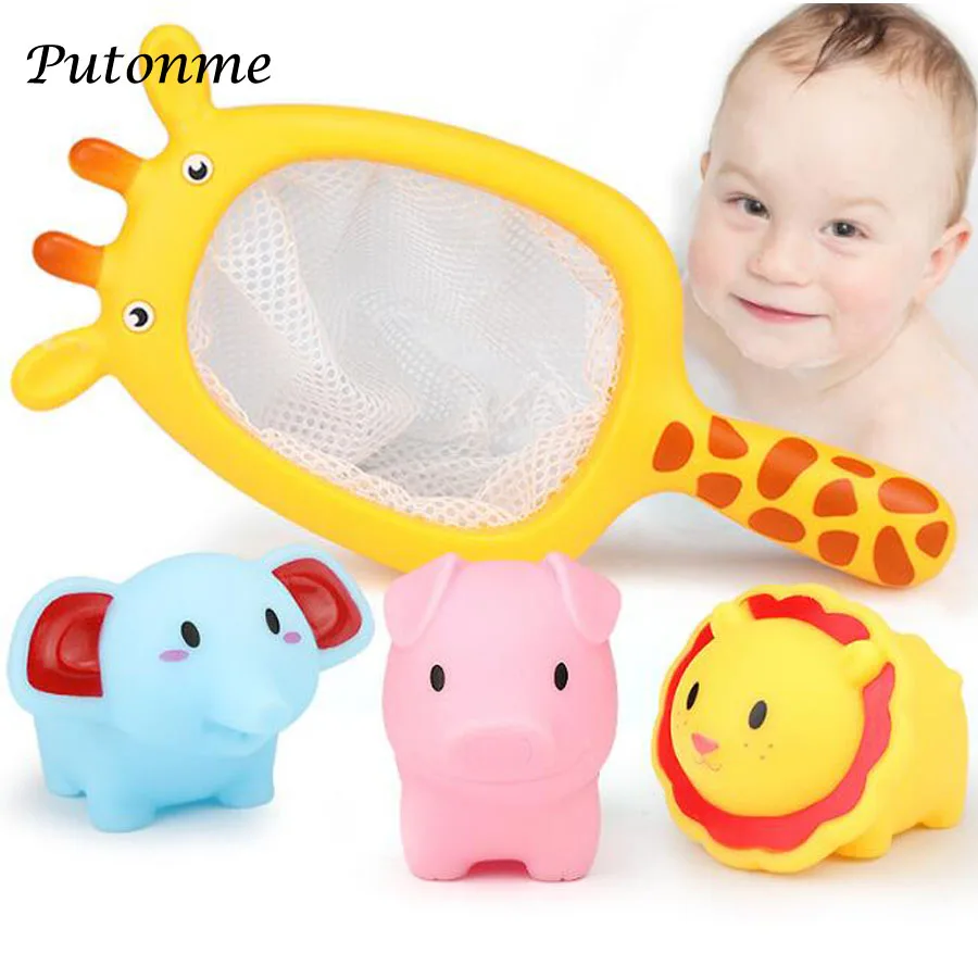 

4pcs set Fishing Toys Network Bag Pick up Duck&Fish Kids Toy Swimming Classic Squeeze sounding dabbling Water spray bath toy