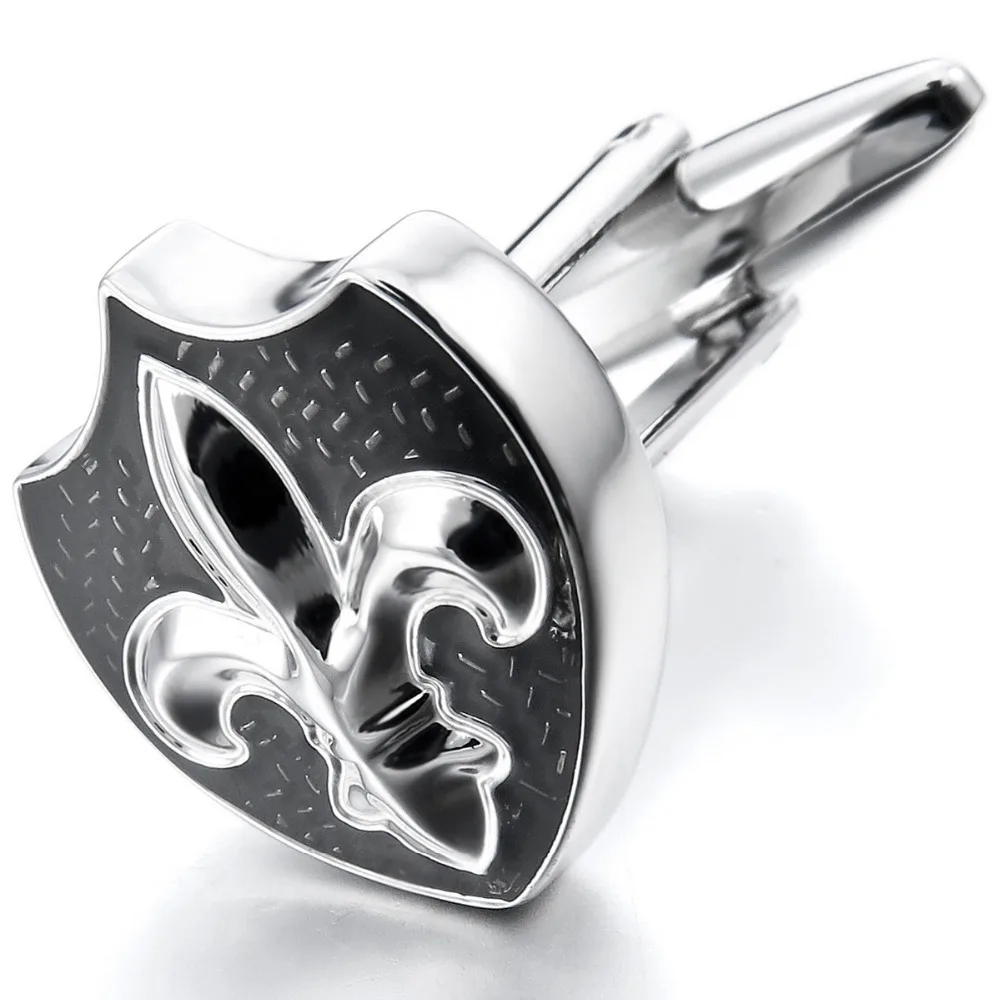 

Men's 2pcs Rhodium Plated Knight Fleur De Lis Shield Shirts Enamel Cufflinks Wedding Black Silver 1 Pair Free shipping