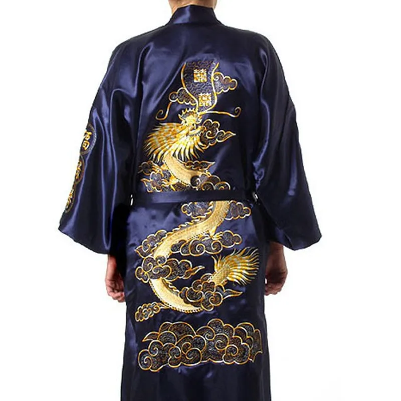 Kopen Gratis Verzending Navy Blue Chinese mannen Satin Silk Robe Borduren Kimono Bad Gown Dragon Maat SML XL XXL XXXL S0008