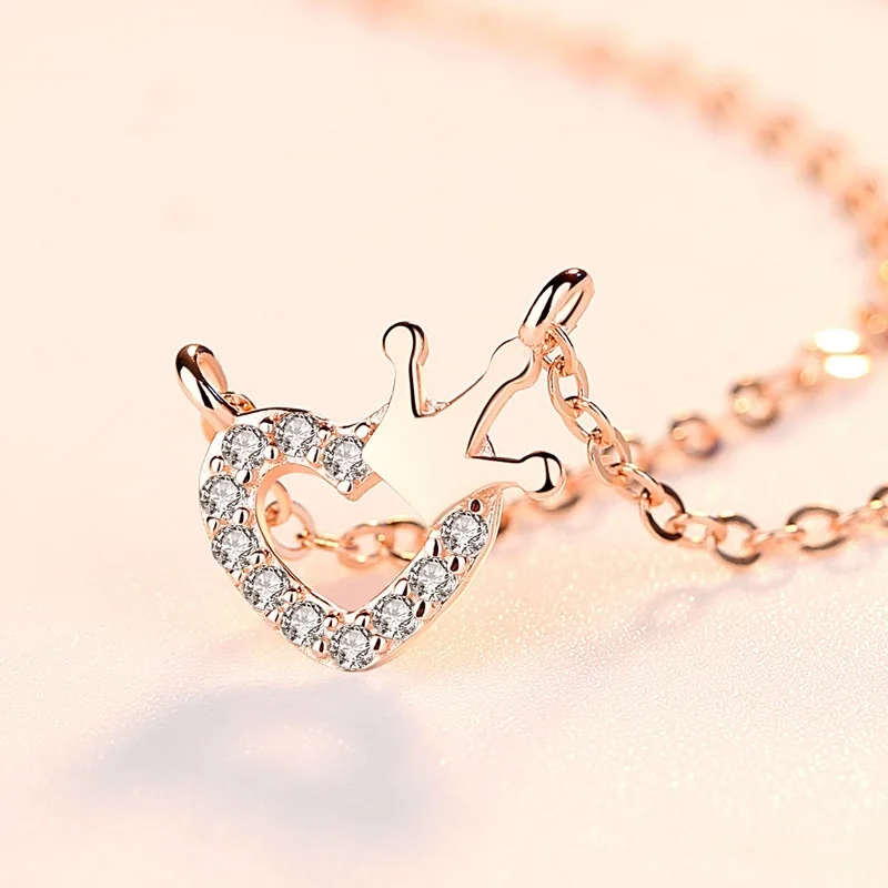 rose gold OMHXFC Европейская мода женский подарок на день рождения Сердце Циркон в форме короны S925 серебро Кулон ожерелье CH09 - Цвет камня: rose gold