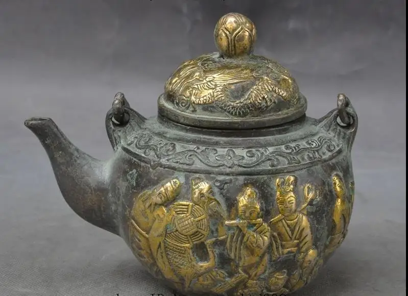 

671115519++++Marked Old China Bronze Dragon Phoenix 8 God statue Teapot Kettle Water bottle