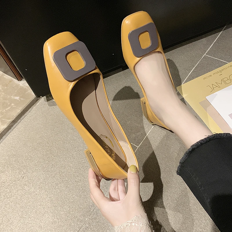 

EOEODOIT Spring Autumn Low Heels Square Toe Leather Shoes Slip On Retro Casual Women Daily Cozy Pumps 2.5 CM Heel