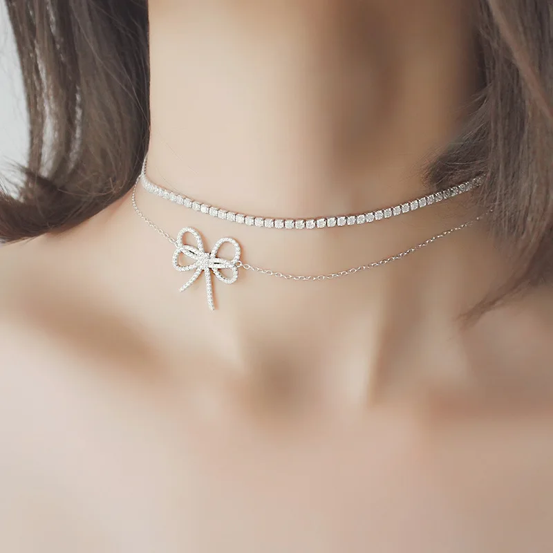

WKOUD EAM Jewelry / 2018 New Fashion 925 Silver Micro-inlaid Zircon Bow Clavicle Necklace Women's Accessories S#N36100