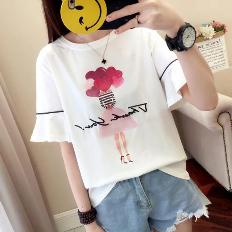 

2019 Summer New Women's T-shirt with sweet Cartoon Print and Trumpet Sleeve Female Tshirts Casual O-Neck fashion match dress