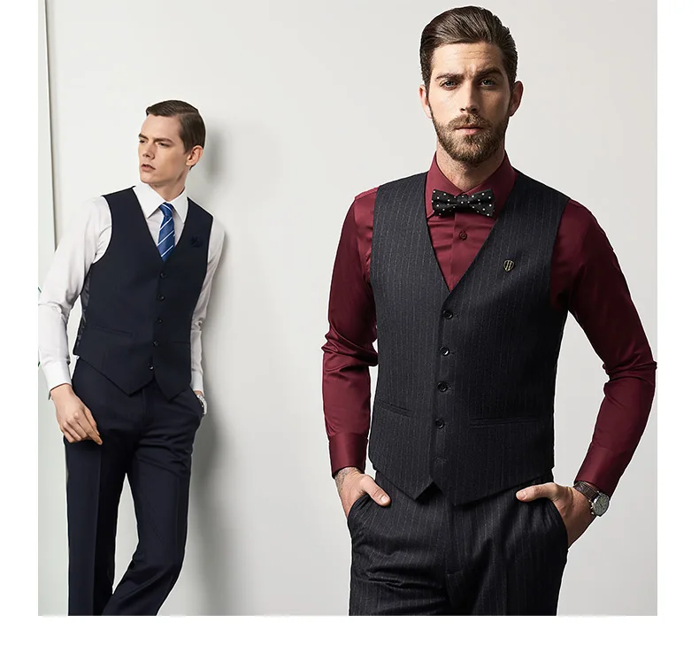 

Free shipping top quality 100% wool dark grey with white stripe single V neck 5 buttons mens vest waistcoat