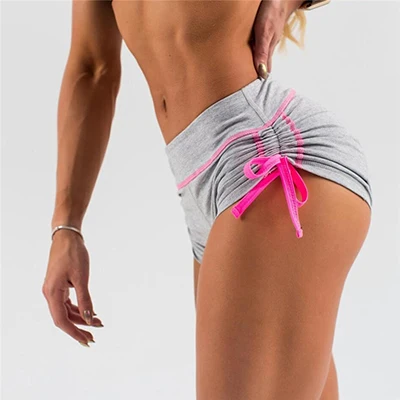Новые летние пикантные завязками сбоку мини шорты Для женщин элистичные, средней, посадки на бедрах, пуш-ап, Фитнес шорты Повседневное спортивных! футболка с короткими - Цвет: Pink