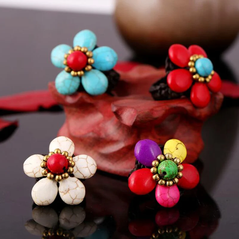 

New Fashion Bohemian Green Stone Charm Flower Rings Women's Vintage Diy Creative Flexible Rings For Women Ethnic Jewelry