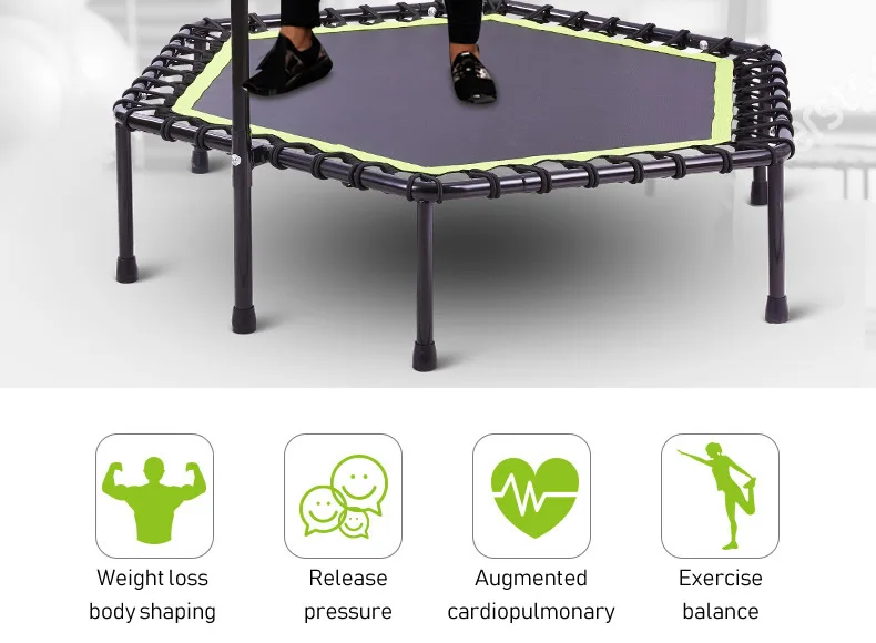 48 Inch Hexagonal Muted Fitness Trampoline with Adjustable Handrail for Indoor GYM Jump Sports Adults Kids Safety