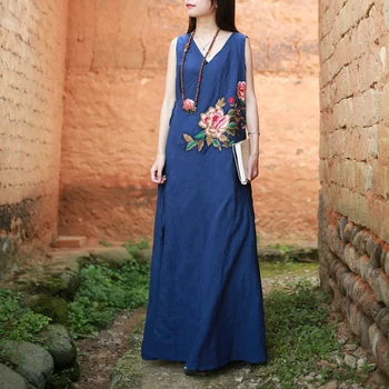

2020 Vintage Dress V-neck Sleeveless Cotton Linen Beach Dresses Chinese Hanfu Elegant Women Embroidery Maxi Dresses 3 Colors