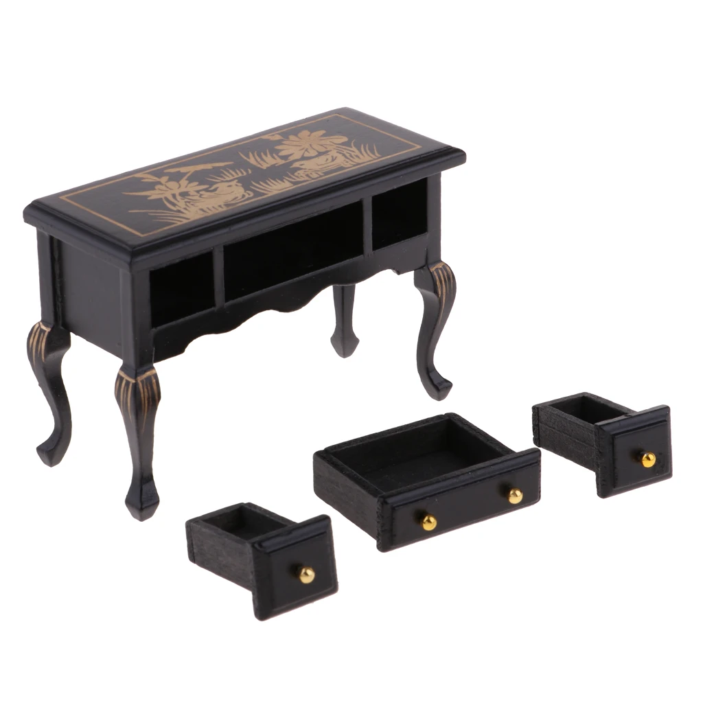 1/12 Miniature Doll House Furniture Vintage Wooden Table Desk with 3 Drawers Dollhouse Accessories