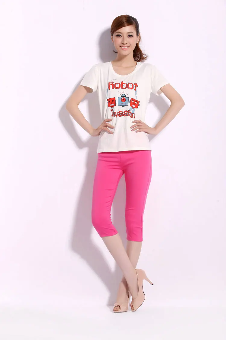 Woman Summer Solid Stretch Pencil Pants Female Spring Mid Elastic Waist Calf Length Trousers Lady Autumn Stretch Cotton Capris