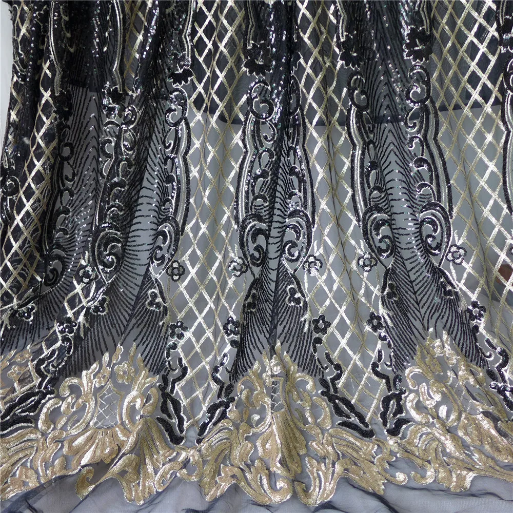 

Elegant Blue/Black/White Gold Line Sequins African Print Fabric Heavy Embroidered Tulle Mesh Fabric Sewing Craft DIY Accessory