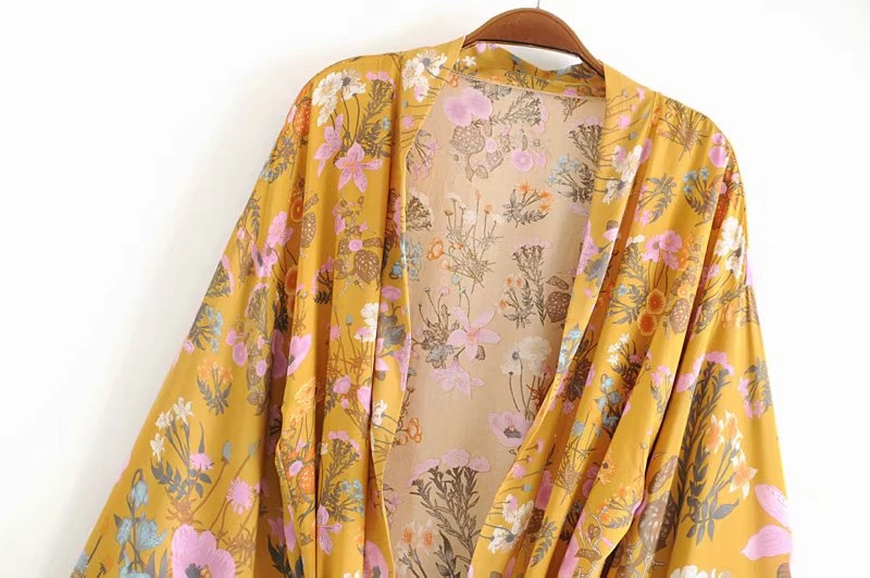 Vintage chic women floral print sashes bat sleeve beach Bohemian kimono dresses Ladies V neck Tassel Summer Boho dress vestidos