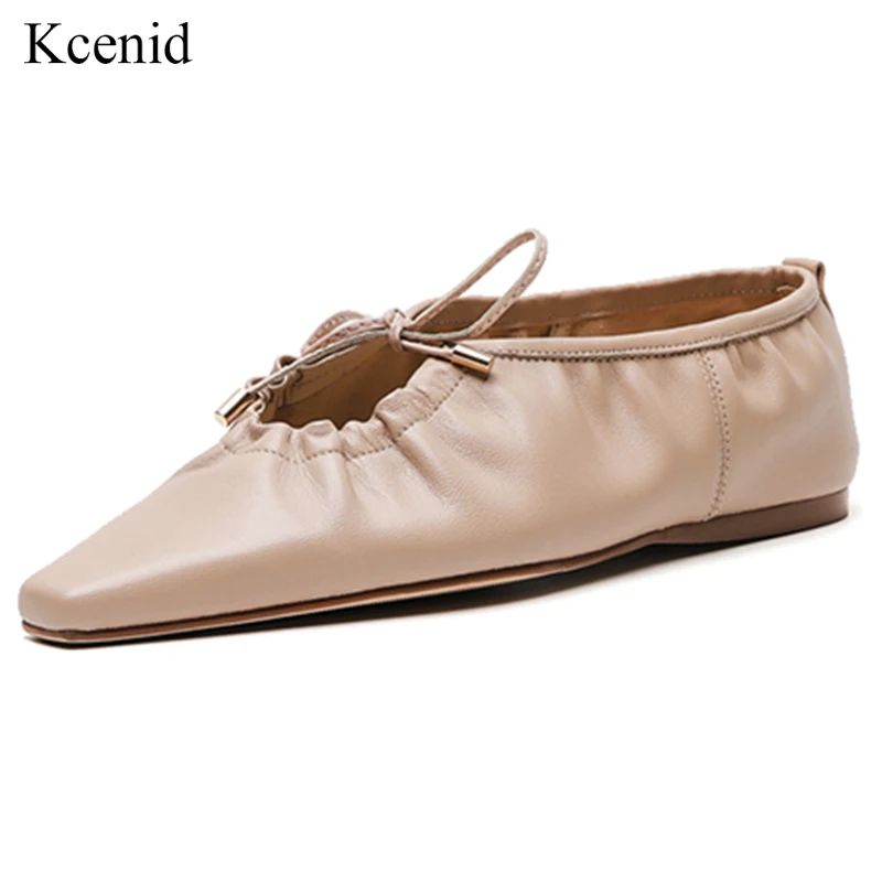 

Kcenid Women ballet flats soft shoes genuine leather lace up bowtie woman shoes 2019 spring summer autumn square toe flat shoes
