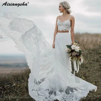 

Vestido De Noiva Mermaid Boho Wedding Dresses Spaghetti Straps Lace Beach Wedding Gowns Backless Two Pieces Bride Dress