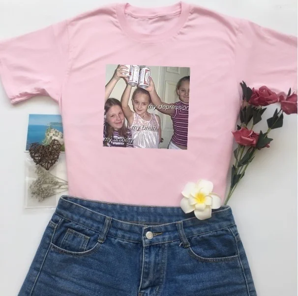 

PUDO HJN Cheers Up Girls T Shirt My Anxiety My Brain My Depression Funny T-Shirt Tumblr 90s Grunge Mood Tee Shirt Hipsters Top